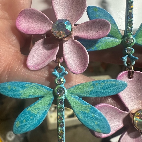 Betsey Johnson Pink Floral and Blue Dragonfly Earrings - Picture 4 of 8